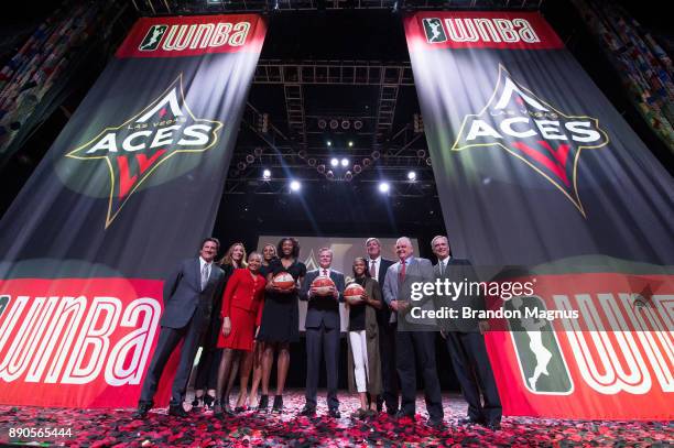 Resorts International President Bill Hornbuckle, WNBA President Lisa Borders, WNBA player Kayla Janine Alexander, MGM Resorts International Chairman...