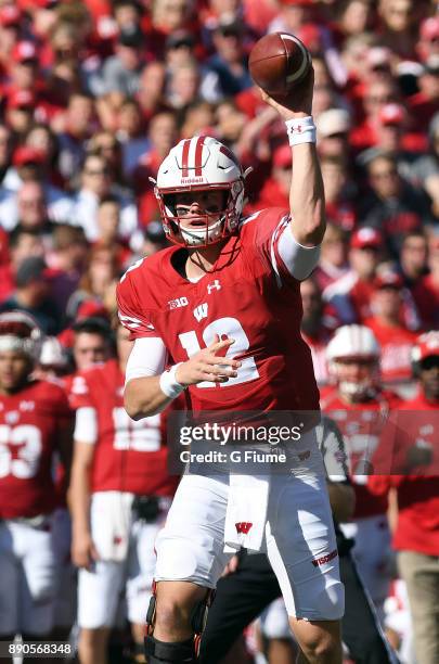 Alex Hornibrook of the Wisconsin Badgers throws a pass against the Maryland Terrapins at Camp Randall Stadium on October 21, 2017 in Madison,...