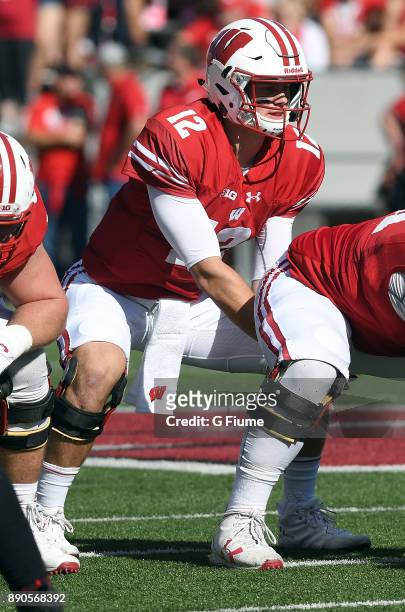 Alex Hornibrook of the Wisconsin Badgers plays against the Maryland Terrapins at Camp Randall Stadium on October 21, 2017 in Madison, Wisconsin.