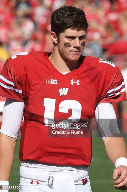 Alex Hornibrook of the Wisconsin Badgers rests during a break in the game against the Maryland Terrapins at Camp Randall Stadium on October 21, 2017...