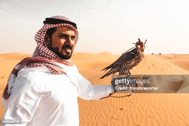 arabic man in the desert with a falcon - qatar people stock pictures, royalty-free photos & images