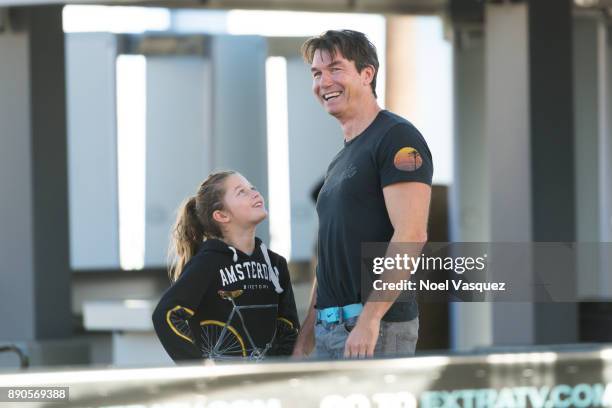 Jerry O'Connell and Charlie Tamara Tulip O'Connell visit "Extra" at Universal Studios Hollywood on December 11, 2017 in Universal City, California.