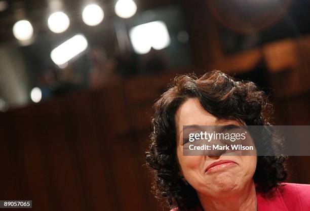 Supreme Court nominee Judge Sonia Sotomayor smiles at the start of the fourth day of confirmation hearings before the Senate Judiciary Committee July...