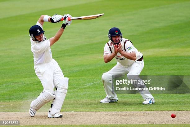 Ian Bell of Warwickshire hits out during Day 2 of the LV County Championship Division One match between Warwickshire and Lancashire at Edgbaston on...