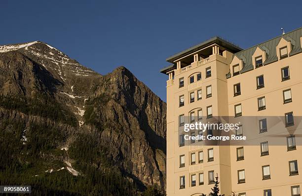 The Fairmont Chateau Lake Louise Hotel is seen in this 2009 Lake Louise, Canada, summer morning landscape photo.