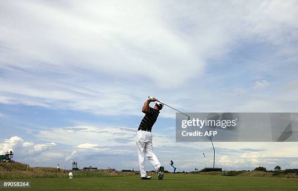 Golfer Zach Johnson tees off from the 6th tee on the first day of the 138th British Open Championship at Turnberry Golf Course in south west...