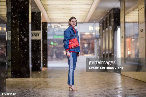Maria Barteczko wearing oversized denim jacket with star details Stella McCartney, red ribbed turtleneck Victoria Beckham, glasses, used denim jeans...