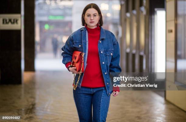 Maria Barteczko wearing oversized denim jacket with star details Stella McCartney, red ribbed turtleneck Victoria Beckham, glasses, used denim jeans...