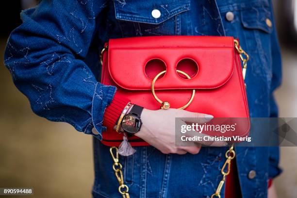 Maria Barteczko wearing oversized denim jacket with star details Stella McCartney, red ribbed turtleneck Victoria Beckham, glasses, used denim jeans...