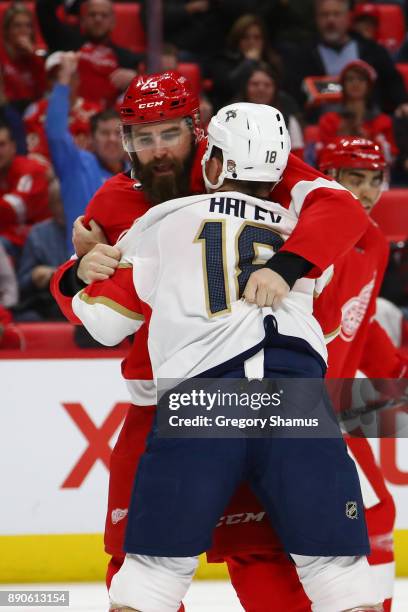 Luke Witkowski of the Detroit Red Wings fights Micheal Haley of the Florida Panthers during the first period at Little Caesars Arena on December 11,...