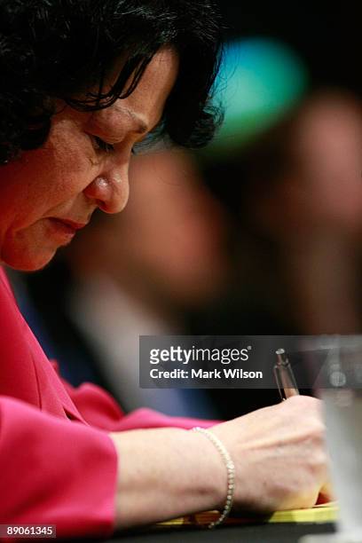 Supreme Court nominee Judge Sonia Sotomayor takes notes while testifying on the fourth day of confirmation hearings before the Senate Judiciary...