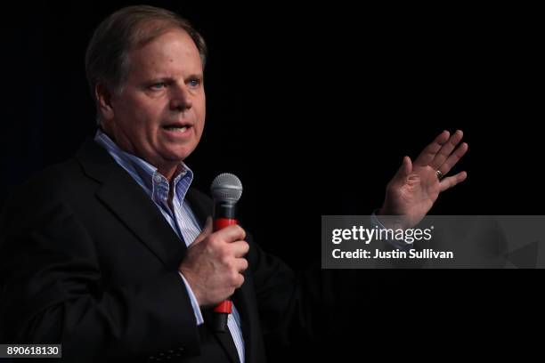 Democratic Senatorial candidate Doug Jones speaks during a get out the vote campaign rally on December 11, 2017 in Birmingham, Alabama. Jones is...