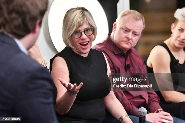 LÕOrealÕs Rachel Weiss, Oculus's Andy Mathis, and AirbnbÕs Wren Dougherty speak at the Samsung Gear VR 2nd Anniversary Panel on December 11, 2017 in...