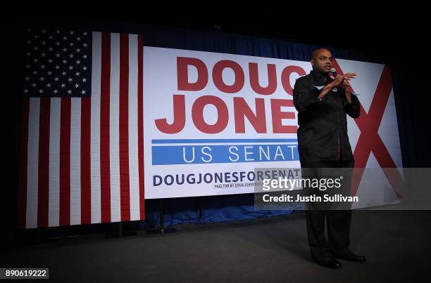 Hall of Famer Charles Barkley speaks during a get out the vote campaign rally for democratic Senatorial candidate Doug Jones on December 11, 2017 in...