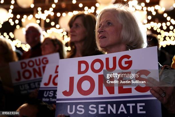 Supporters look on as democratic Senatorial candidate Doug Jones speaks during a get out the vote campaign rally on December 11, 2017 in Birmingham,...