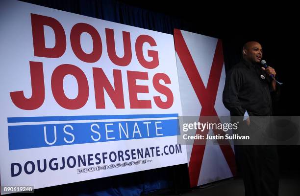 Hall of Famer Charles Barkley speaks during a get out the vote campaign rally for democratic Senatorial candidate Doug Jones on December 11, 2017 in...