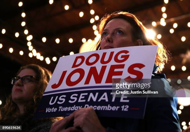 Supporters look on as democratic Senatorial candidate Doug Jones speaks during a get out the vote campaign rally on December 11, 2017 in Birmingham,...
