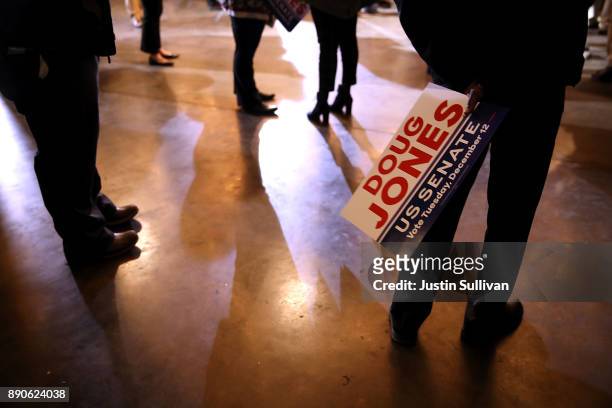 Supporter holds a campaign sign during a get out the vote campaign rally for democratic Senatorial candidate Doug Jones on December 11, 2017 in...