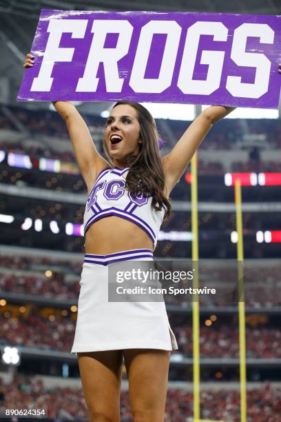 A TCU Horned Frogs cheerleader cheers during the Big 12 Championship game between the Oklahoma Sooners and the TCU Horned Frogs on December 2, 2017...