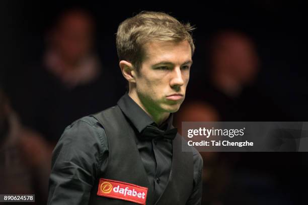 Jack Lisowski of England reacts during his first round match against John Higgins of Scotland on day one of the 2017 Scottish Open at Emirates Arena...