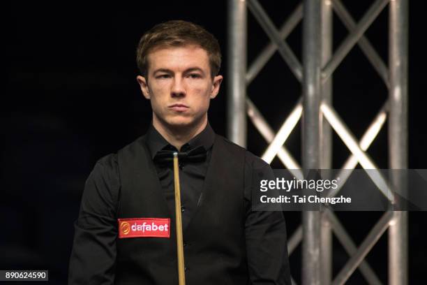 Jack Lisowski of England reacts during his first round match against John Higgins of Scotland on day one of the 2017 Scottish Open at Emirates Arena...