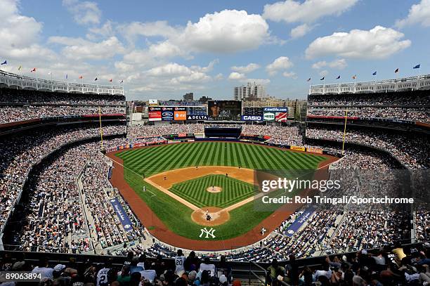 General view of the interior of Yankee Stadium during a day game during a game between the New York Yankees and the Tampa Bay Rays on June 6, 2009 at...