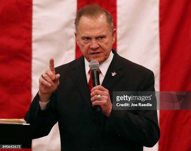 Republican Senatorial candidate Roy Moore speaks during a campaign event at Jordan's Activity Barn on December 11, 2017 in Midland City, Alabama. Mr....