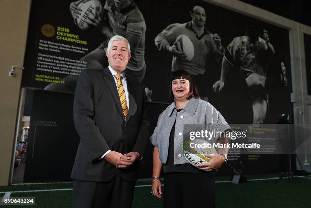 Newly appointed Rugby Australia Chief Executive Officer Raelene Castle poses with ARU chairman Cameron Clyne during a press conference at the Rugby...