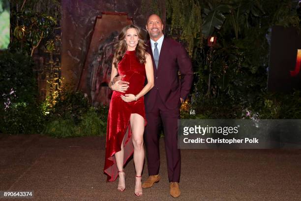 Lauren Hashian and Dwayne Johnson attend the premiere of Columbia Pictures' "Jumanji: Welcome To The Jungle" on December 11, 2017 in Hollywood,...