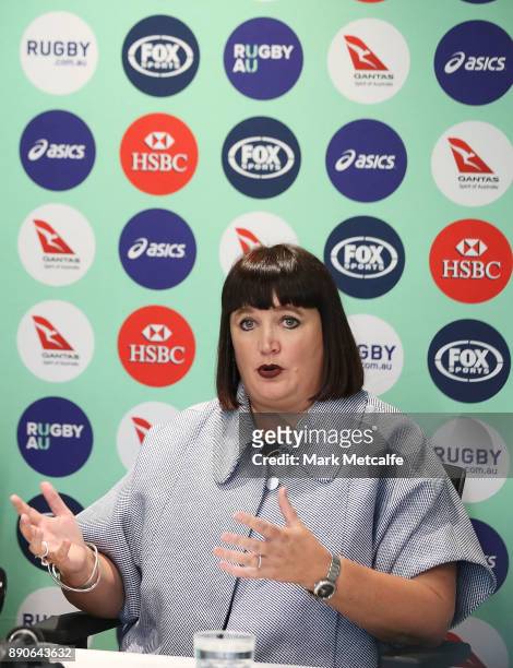 Newly appointed Rugby Australia Chief Executive Officer Raelene Castle speaks to the media during a press conference at the Rugby Australia Building...