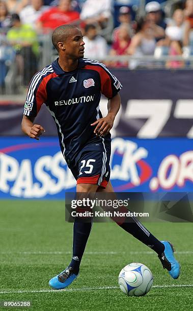 Darrius Barnes of the New England Revolution looks to pass during MLS match against the Kansas City Wizards on July 11, 2009 at Gillette Stadium in...