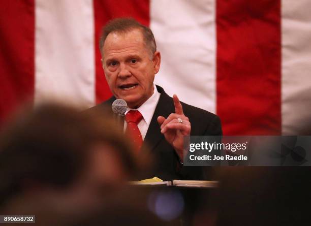 Republican Senatorial candidate Roy Moore speaks during a campaign event at Jordan's Activity Barn on December 11, 2017 in Midland City, Alabama. Mr....