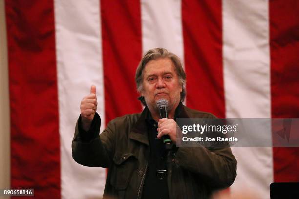 Steve Bannon speaks before the arrival of Republican Senatorial candidate Roy Moore during a campaign event at Jordan's Activity Barn on December 11,...