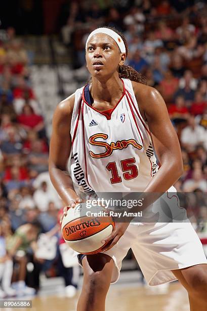 Asjha Jones of the Connecticut Sun shoots a free throw during the WNBA game against the Atlanta Dream on June 27, 2009 at Mohegan Sun Arena in...