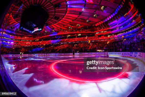 Msg Ice Rink Colored lights illuminate Madison Square Garden ice during break from ...
