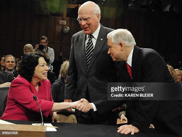 Sen. Jeff Sessions , R-AL, and Sen. Patrick Leahy, D-VT, greet US Supreme Court nominee Sonia Sotomayor on July 16, 2009 before the start of the...