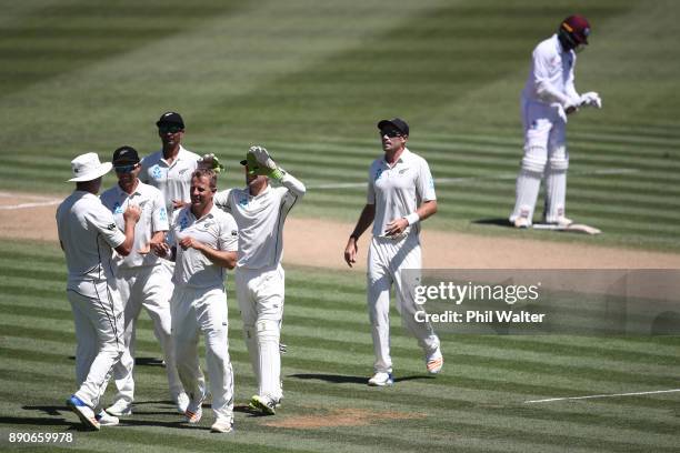 Neil Wagner of New Zealand celebrates his wicket of Roston Chase of the West Indies during day four of the Second Test Match between New Zealand and...