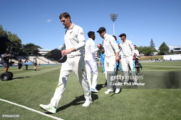 Mitchell Santner of the New Zealand Black Caps leaves the field following day four of the Second Test Match between New Zealand and the West Indies...