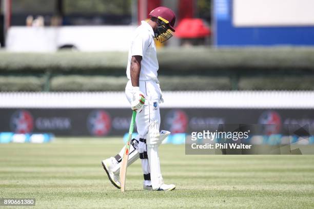 Sunil Ambris of the West Indies retires hurt with a broken arm during day four of the Second Test Match between New Zealand and the West Indies at...