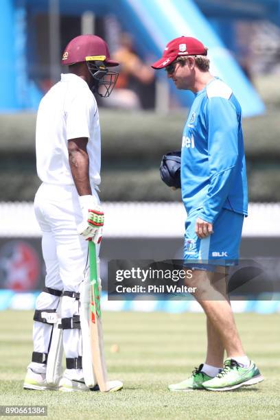 Sunil Ambris of the West Indies retires hurt with a broken arm during day four of the Second Test Match between New Zealand and the West Indies at...