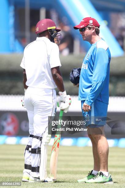 Sunil Ambris of the West Indies retires hurt with a broken arm during day four of the Second Test Match between New Zealand and the West Indies at...