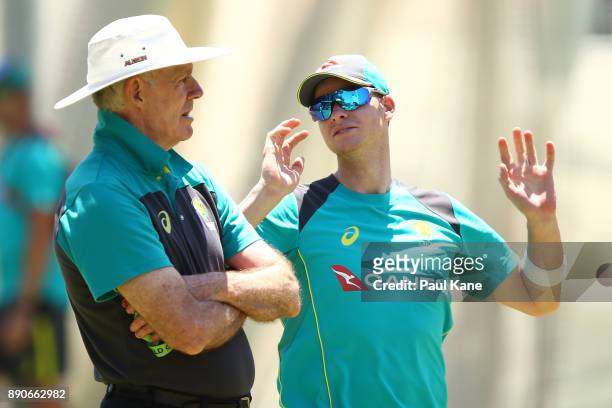 Steve Smith of Australia talks with Greg Chappell during an Australian Nets Session ahead of the Third Test in the 2017/18 Ashes Series at on...