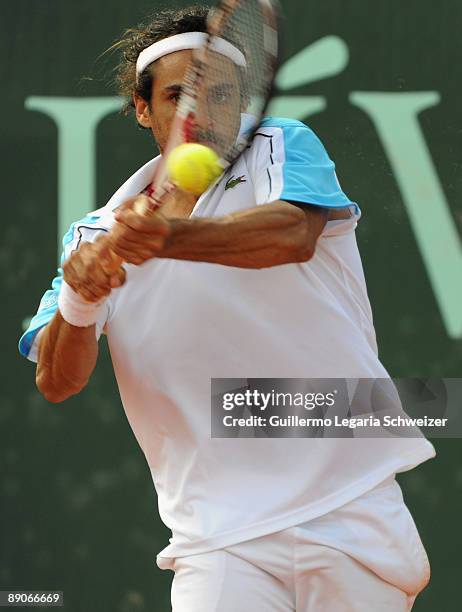 Argentinean tennis player Mariano Zabaleta in action during an Open Seguros Bolivar Bogota 2009 match against Marcos Daniel of Brazil on July 16,...