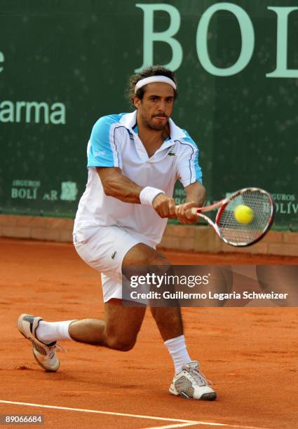 Argentinean tennis player Mariano Zabaleta in action during an Open Seguros Bolivar Bogota 2009 match against Marcos Daniel of Brazil on July 16,...