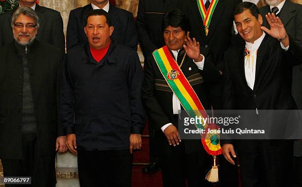 Presidents Fernando Lugo , Hugo Chavez , Evo Morales and Rafael Correa pose for an official portrait during the celebration of the bicentenary of the...