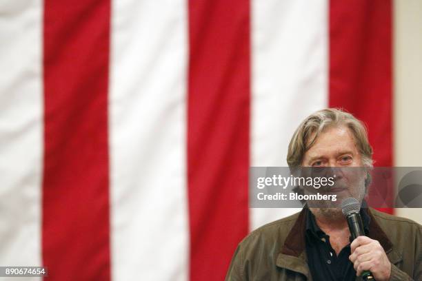 Steve Bannon, chairman of Breitbart News Network LLC, pauses while speaking during a campaign rally for Roy Moore, Republican candidate for U.S....