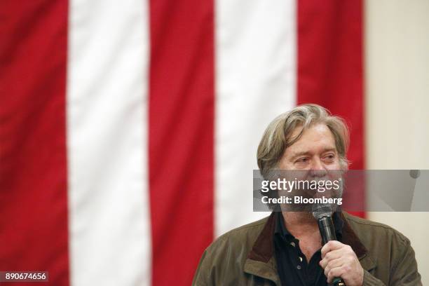 Steve Bannon, chairman of Breitbart News Network LLC, speaks during a campaign rally for Roy Moore, Republican candidate for U.S. Senate from...