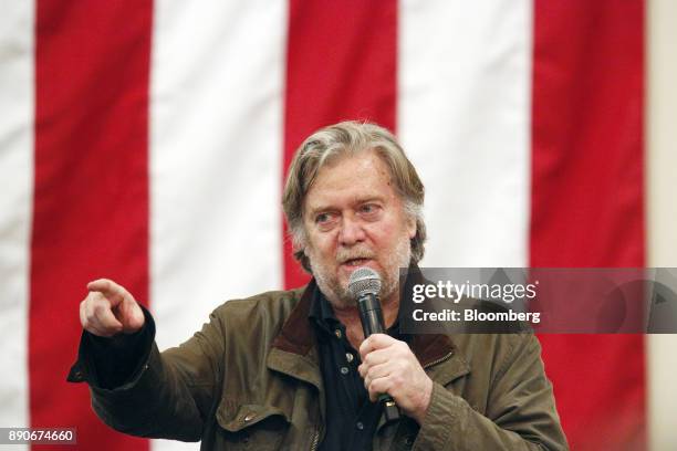 Steve Bannon, chairman of Breitbart News Network LLC, speaks during a campaign rally for Roy Moore, Republican candidate for U.S. Senate from...