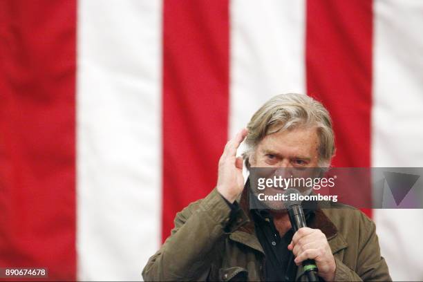 Steve Bannon, chairman of Breitbart News Network LLC, speaks during a campaign rally for Roy Moore, Republican candidate for U.S. Senate from...