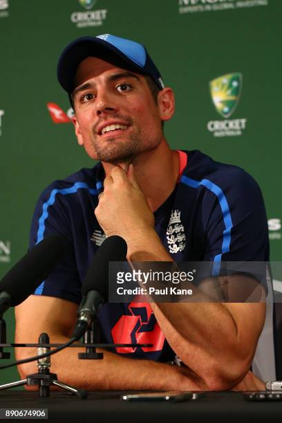 Alistair Cook of England addresses the media before an England nets session ahead of the Third Test in the 2017/18 Ashes series at WACA on December...